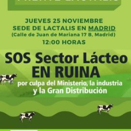 Los ganaderos del sector lácteo se concentrarán el jueves 25 de noviembre a las puertas de la sede de la multinacional francesa Lactalis para reclamar responsabilidad a la mayor industria láctea que opera en España, ante la ruina de las granjas de leche